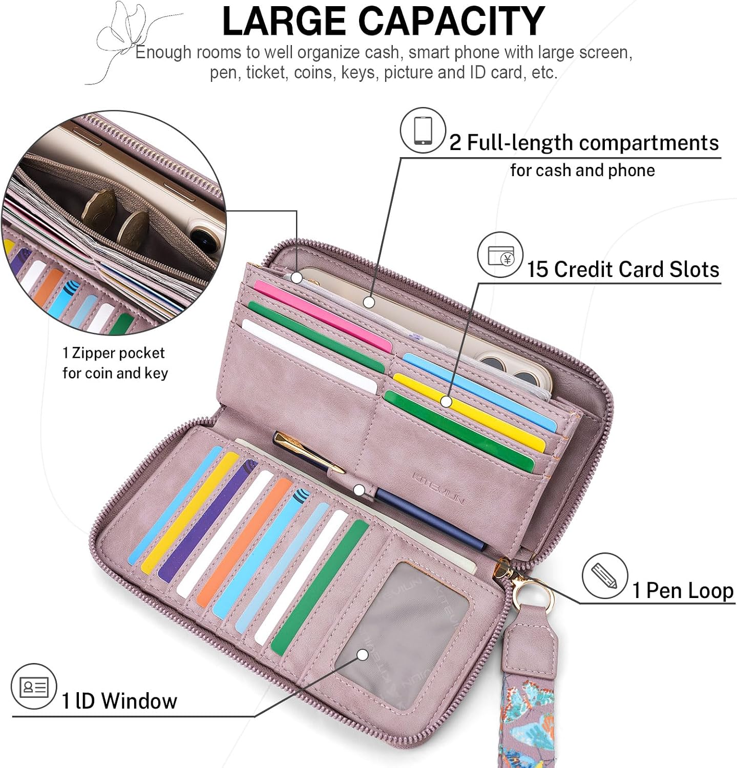 HOTKITEVIUN RFID Wallet Women, Large Capacity Butterfly Cell Phone Clutch Purses Ladies Wristlet Wallets for Women
