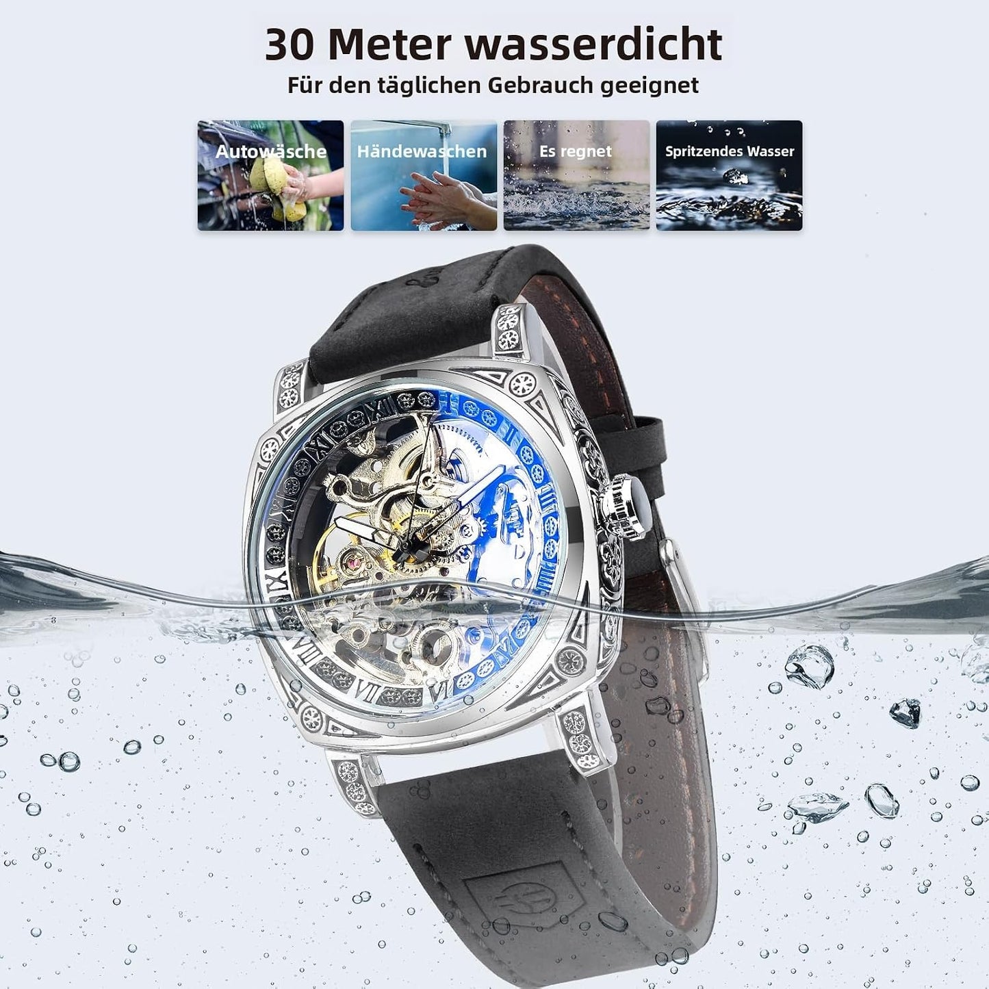 HOTFORSINING Watches for Man, Square Retro Mechanical Watch Self-Wind Carved, Skeleton Automatic Watches Vintage Leather Strap Wristwatch