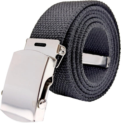 HOTCanvas Web Belt Cut to Fit 57" – Chrome Military Buckle, Cholo Chicano Street Style, Fully Adjustable, Black Canvas Strap, 1.25" Wide
