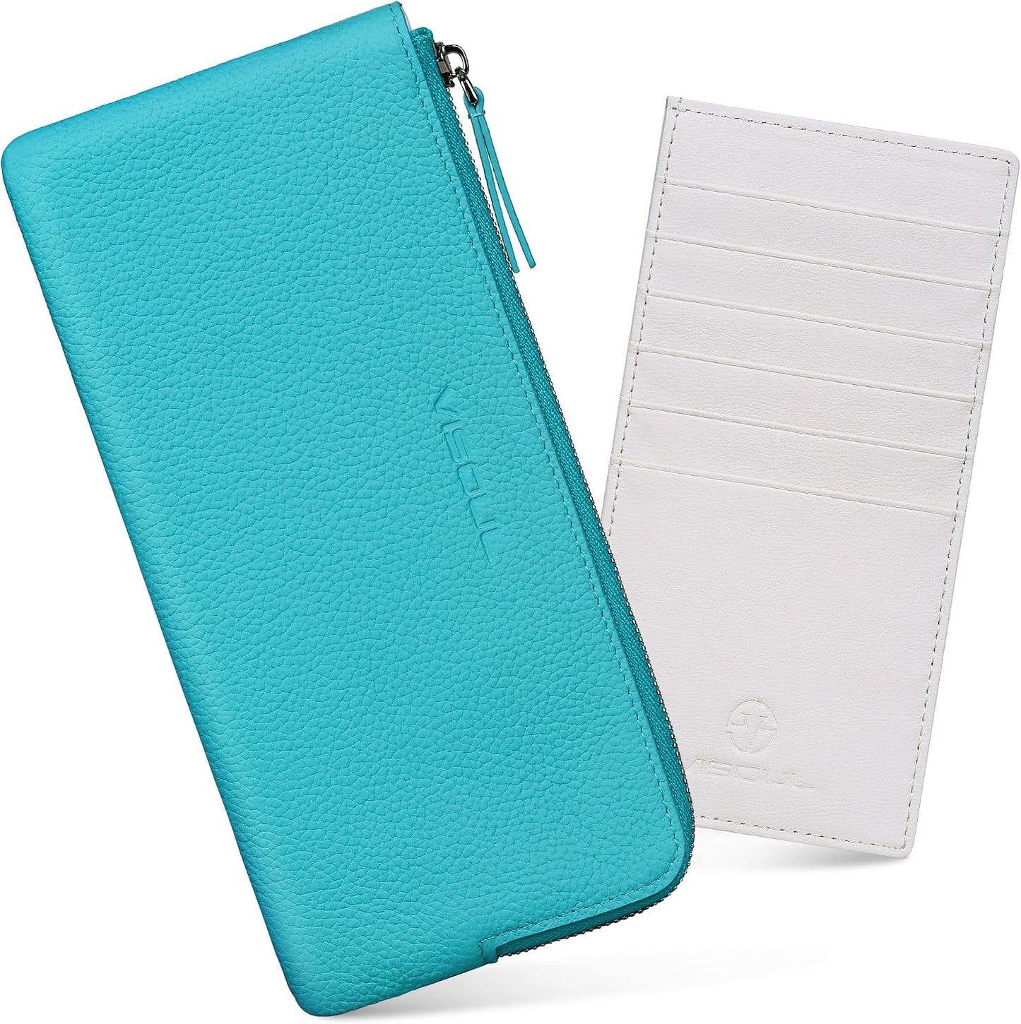 HOTVISOUL Long Zipper Cash Wallet for Women with Removable Credit Card Holder Soft Genuine Pebbled Leather Contrast Color-Lake Blue and Pearl