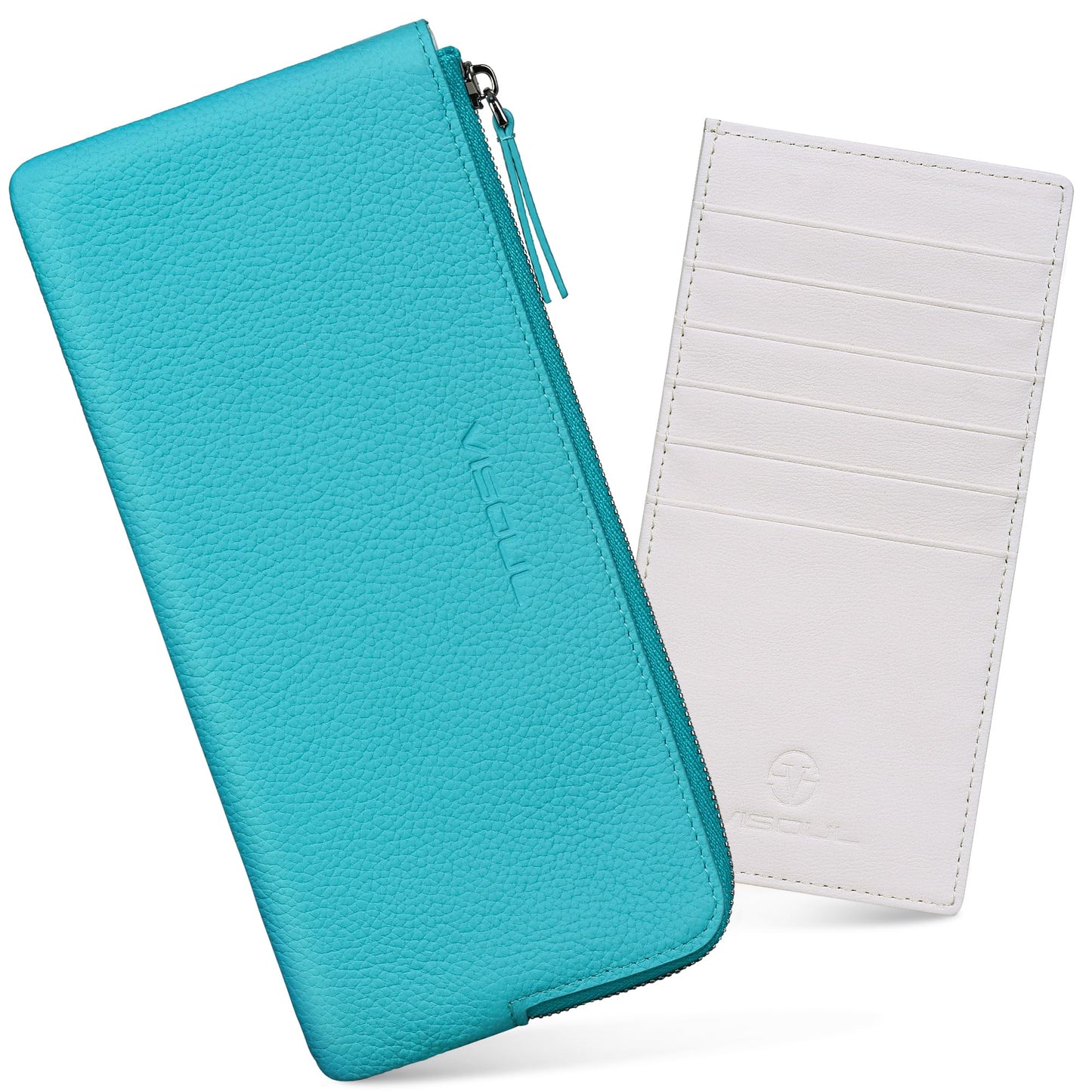 HOTVISOUL Long Zipper Cash Wallet for Women with Removable Credit Card Holder Soft Genuine Pebbled Leather Contrast Color-Lake Blue and Pearl