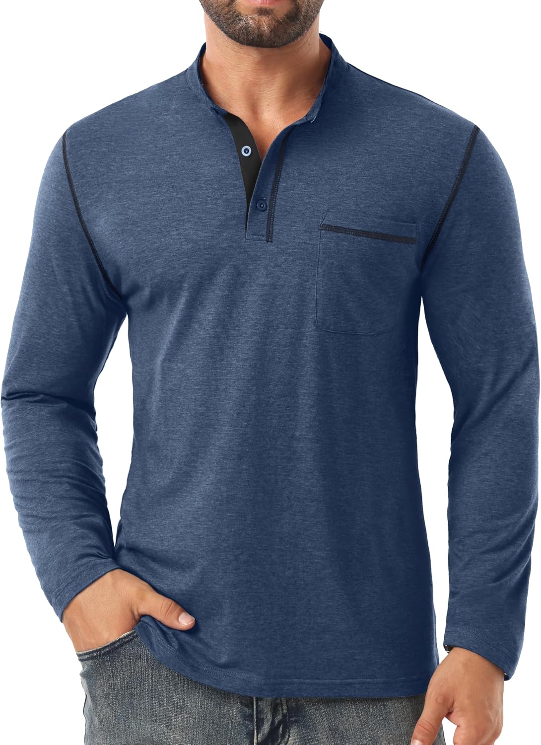 HOTSailwind Men's Henley Shirts Long Sleeve Button T-Shirt Casual Stylish Cotton Pullover Shirt with Pocket
