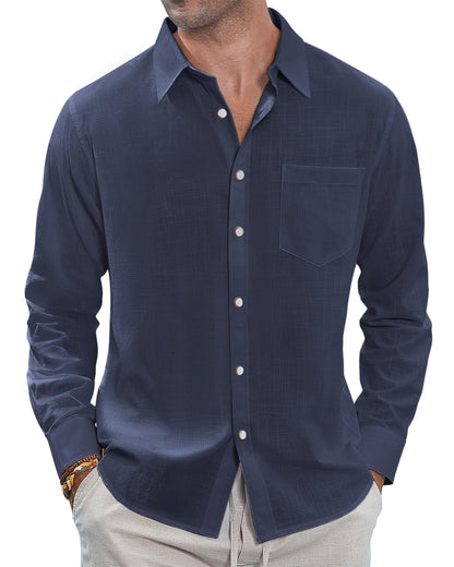 HOTJ.VER Men's Linen Shirts Casual Button Down Long Sleeve Shirt Solid Spread Collar Summer Beach Shirts with Pocket