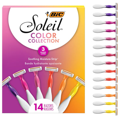 HOTBIC Soleil 3 Colors Women's Disposable 3-Blade Razors, Aloe Vera Strip, College Dorm Room Essential, Shower Caddy and Toiletry Bag Ready, 14-Pack