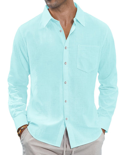 HOTJ.VER Men's Linen Shirts Casual Button Down Long Sleeve Shirt Solid Spread Collar Summer Beach Shirts with Pocket