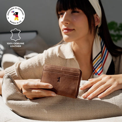 HOTBERLINER BAGS Genuine Leather Small Wallet Women Elsa, Gift Box – Brown | Soft Leather Bifold Zip Wallet, Fits Purses & Crossbody Bags, 6 Card Slots, 2 Cash Sections, Coin Pocket, RFID Blocking