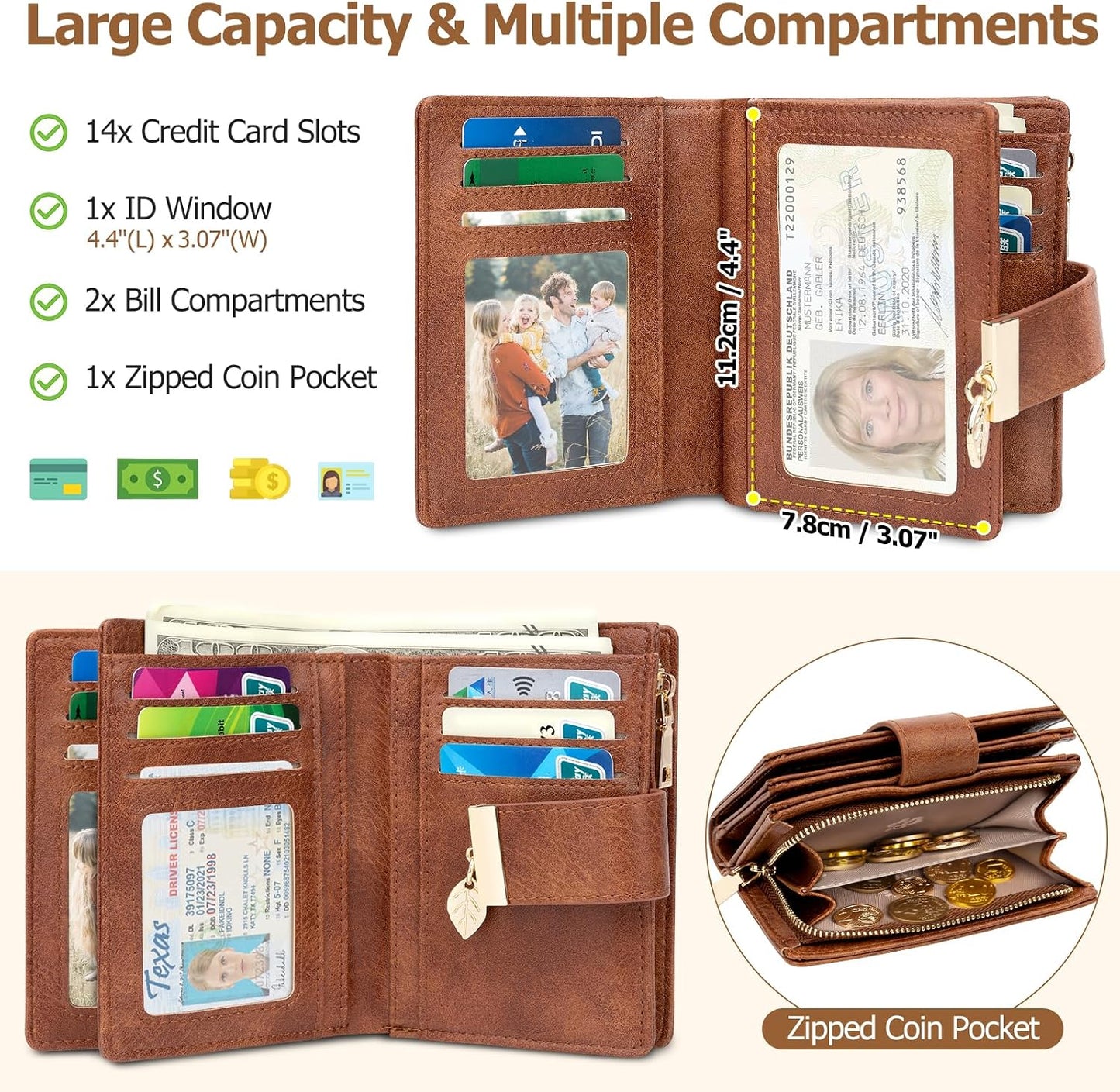 HOTGenuine Leather Wallet for Women RFID Blocking Bifold with Zipper Pocket & ID Window (Dark Brown)