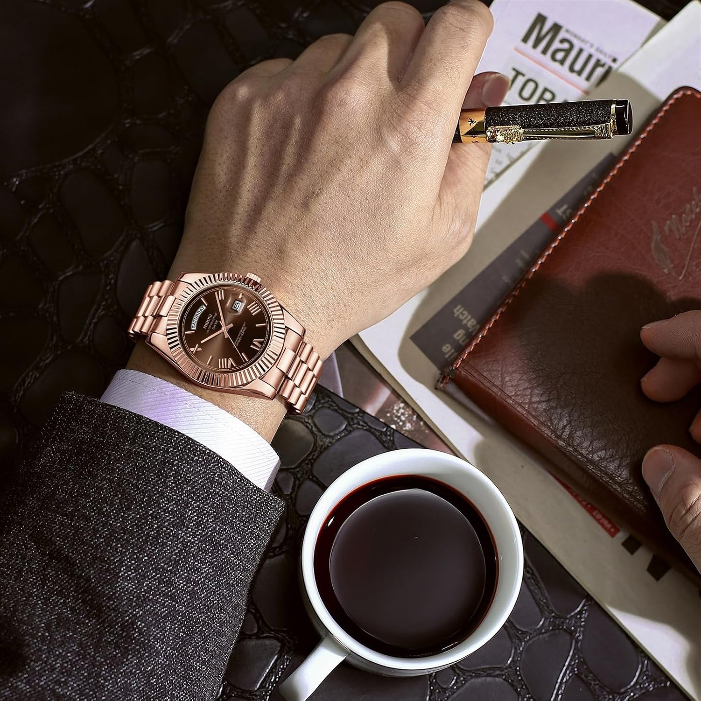 HOTNIBOSI Men Watches Analog Quartz Stainless Steel Rose Gold Silver Watches for Men Waterproof Business Classic Desiger Wrist Watch with Day Date