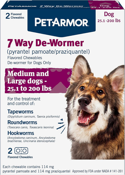 HOTPetArmor 7 Way De-Wormer for Dogs, Oral Treatment for Tapeworm, Roundworm & Hookworm in Large Dogs & Puppies (Over 25 lbs), Worm Remover, Puppy Dewormer (Praziquantel & Pyrantel Pamoate), 2 Chewables