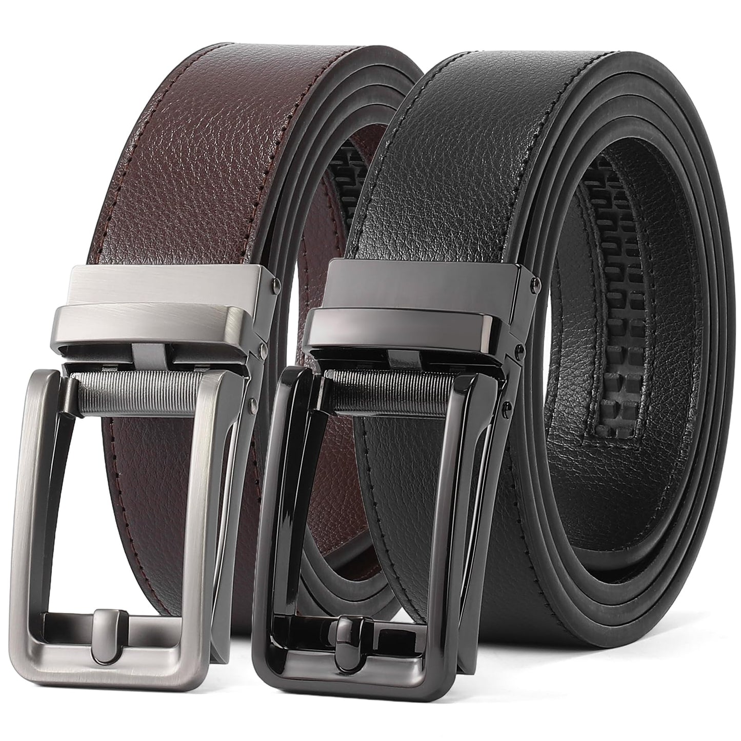 HOTSENDEFN 2 Pack Ratchet Belt Men, Men Leather Belts in Gift Set Box for Dress Casual, Size Adjustable Trim to Fit