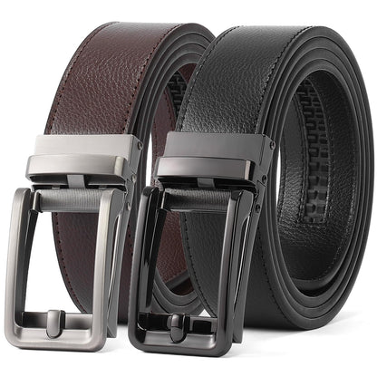 HOTSENDEFN 2 Pack Ratchet Belt Men, Men Leather Belts in Gift Set Box for Dress Casual, Size Adjustable Trim to Fit