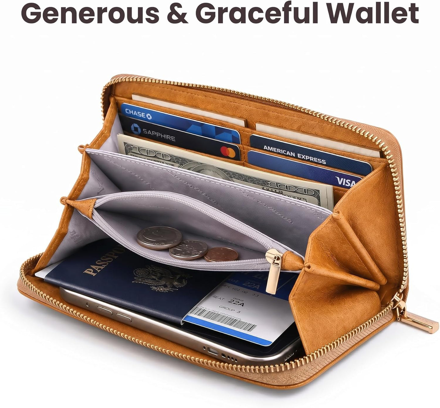 HOTClutch Wallet For Women, Leather RFID Blocking Wallet Women Large Capacity Credit Card Holder, Womens Billfolds and Wallets Gifts for Women Birthday, Ladies Wallet with Phone Holder, Zip Around