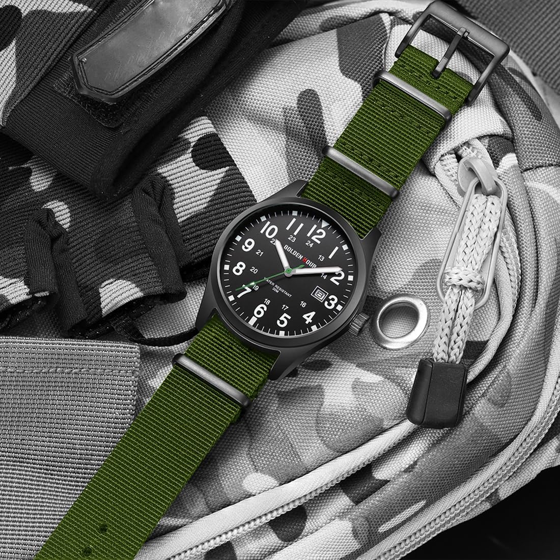 HOTGOLDEN HOUR Men's Nylon Slip-Thru Strap Watch with Military Time Easy Read Dial Glowing Hands