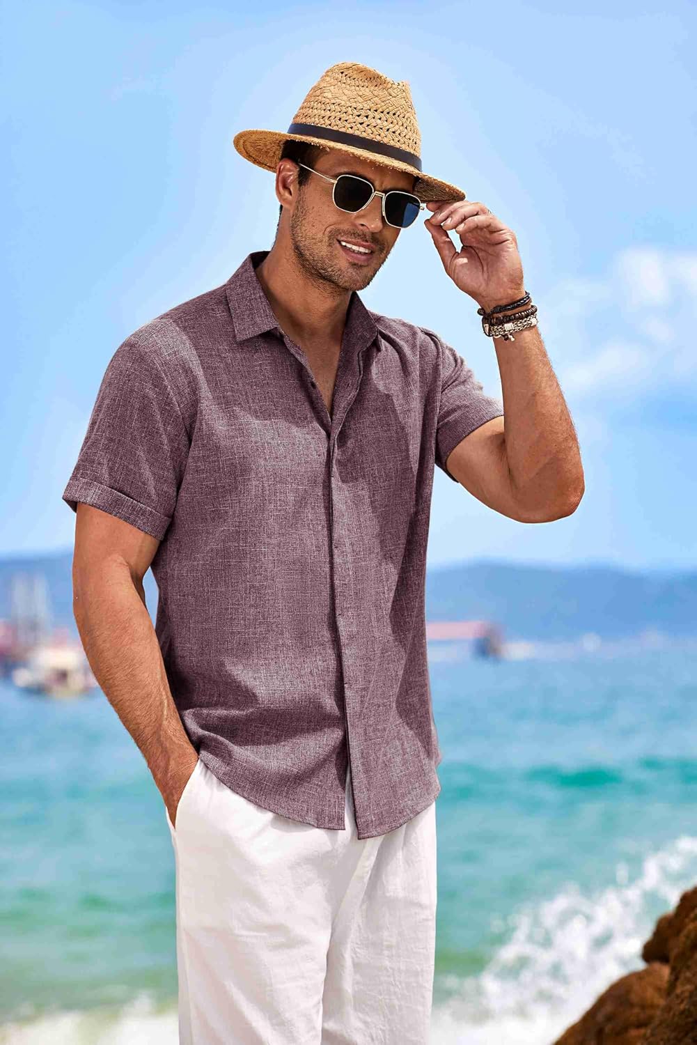 HOTCOOFANDY Men's Linen Shirts Short Sleeve Casual Shirts Button Down Shirt for Men Beach Summer Wedding Shirt