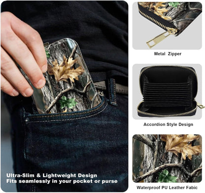 HOTWomens Card Wallet with Zipper, RFID Blocking Small Credit Card Holder Case, PU Leather Accordion Card Wallet for Women, Compact Travel ID & Cash Organizer, Camouflage With Oak