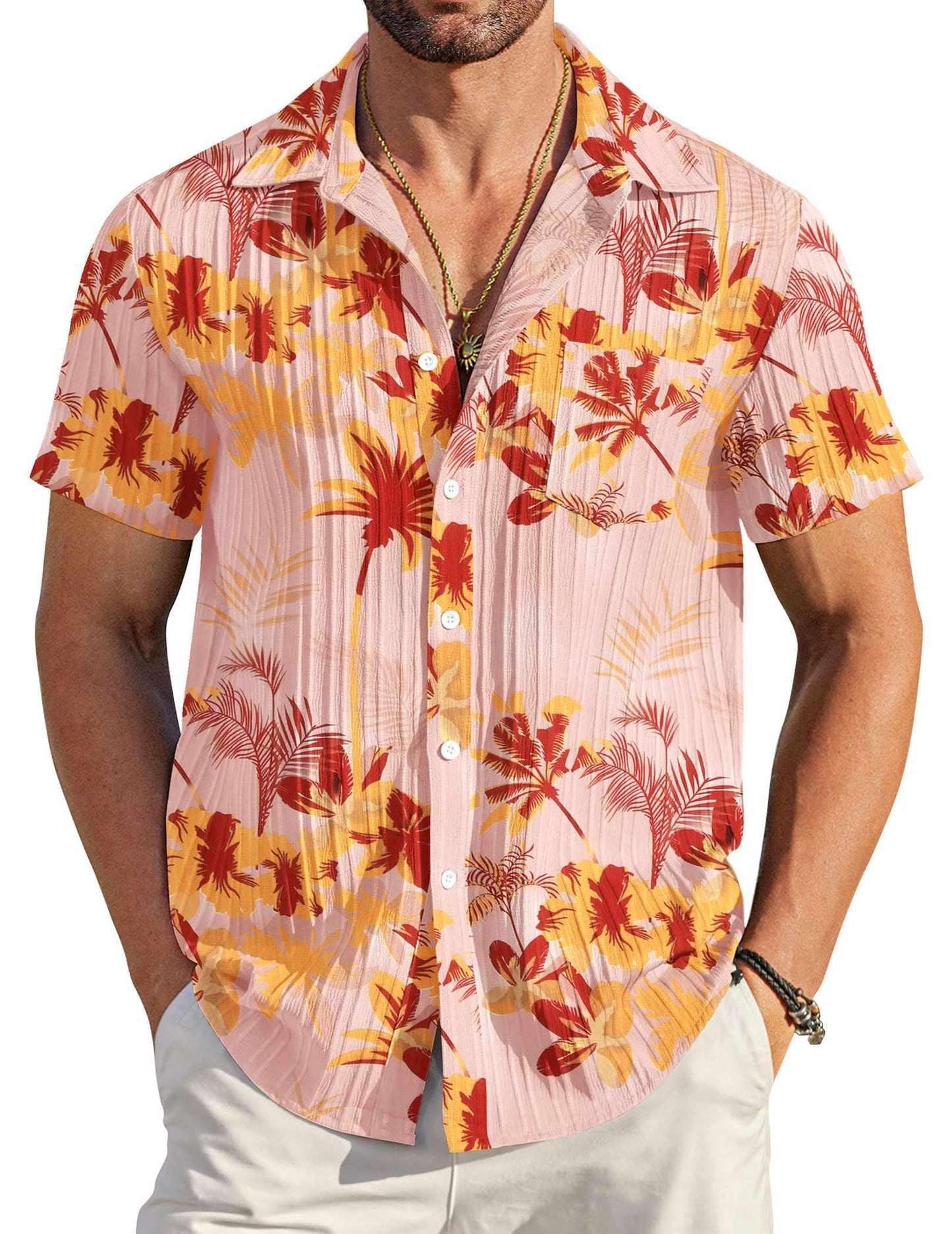 HOTCOOFANDY Men's Casual Button Down Shirts Short Sleeve Textured Summer Beach Shirt with Pocket