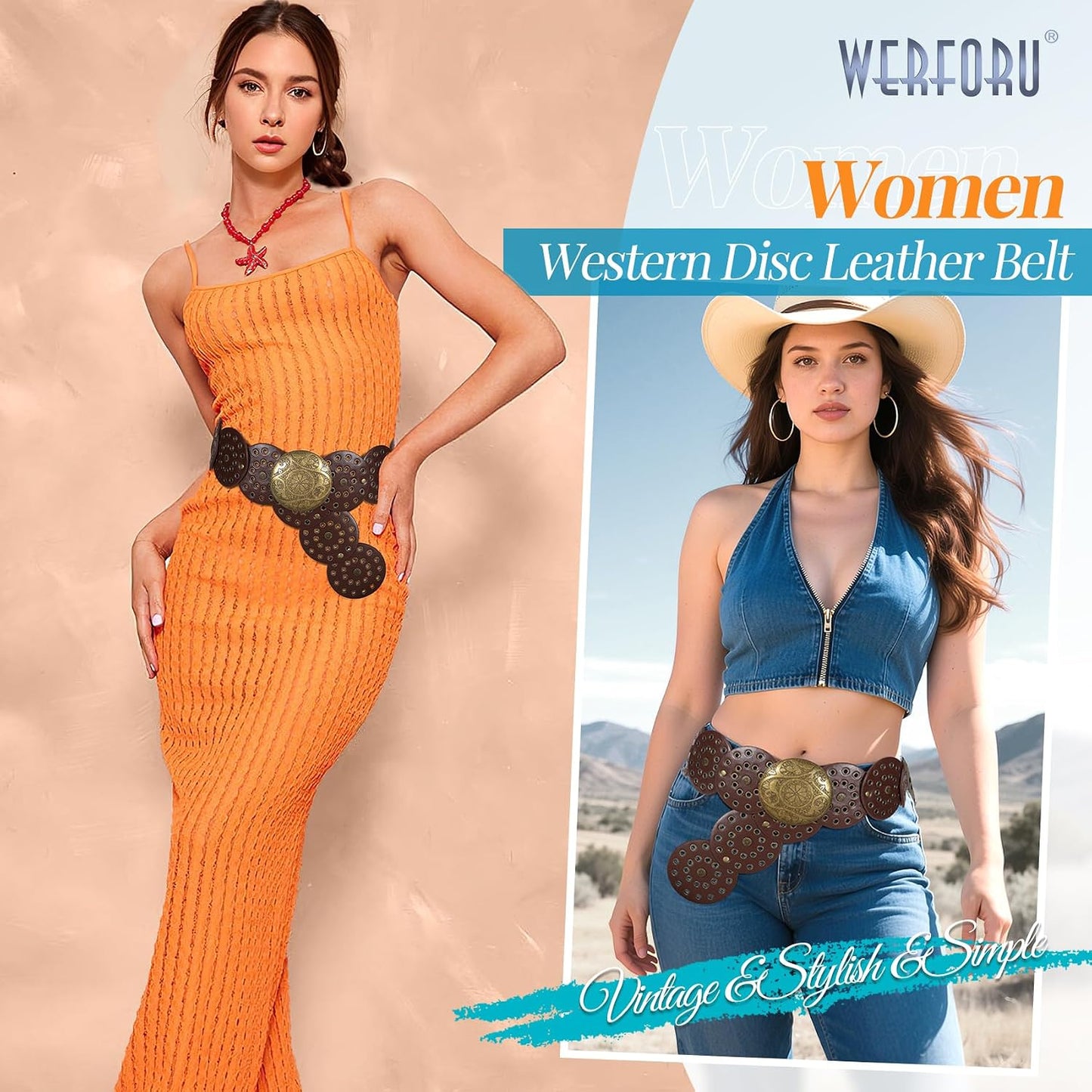HOTWERFORU Women Vintage Leather Belt Western Disc Waist Belts Ladies Western Belt Boho Belt for Dress Jean-