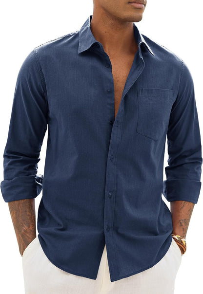 HOTAlimens & Gentle Mens Cotton Linen Textured Shirt Long Sleeve Button Down Shirts Casual Summer Beach Wedding Tops with Pocket