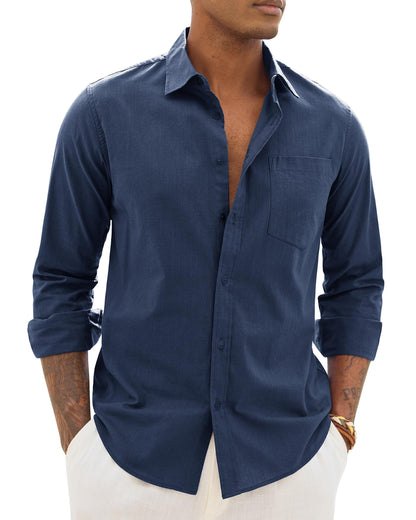 HOTAlimens & Gentle Mens Cotton Linen Textured Shirt Long Sleeve Button Down Shirts Casual Summer Beach Wedding Tops with Pocket