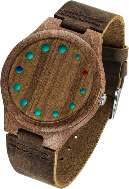 HOTWooden Watches for Men Handmade Leather Strap Analog Quartz | Unique Design, Natural Wood, Mens Wrist Watch, Casual Fashion Style
