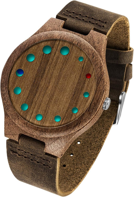 HOTWooden Watches for Men Handmade Leather Strap Analog Quartz | Unique Design, Natural Wood, Mens Wrist Watch, Casual Fashion Style