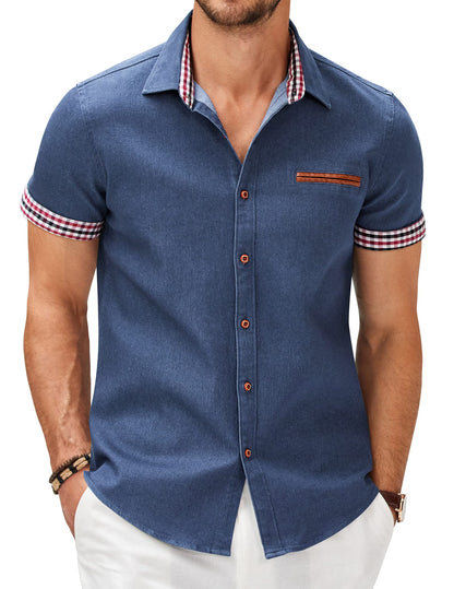 HOTCOOFANDY Men's Cotton Casual Short Sleeve Button Down Shirt Plaid Collar Denim Work Shirts