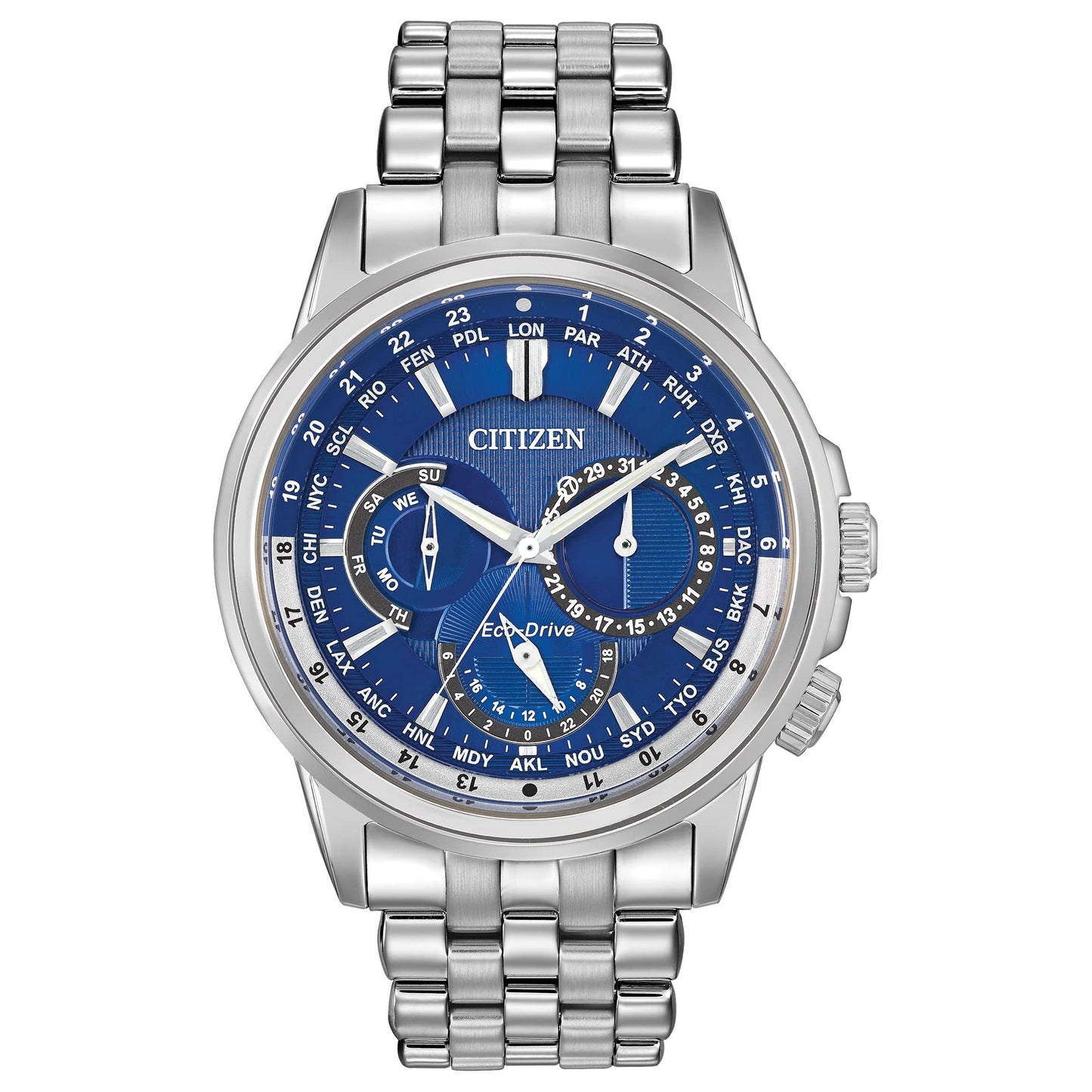 HOTCitizen Men's Eco-Drive Calendrier Classic Watch, 12/24 Hour Time, 3-Hand Day and Date, Chronograph, Luminous Hands