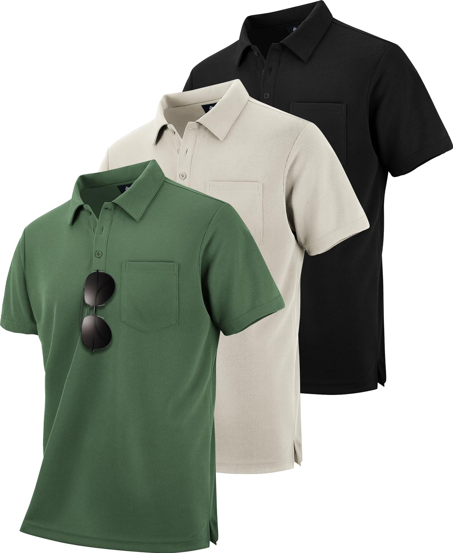 HOTZITY Men's 3 Pack Polo Shirts Short Sleeve with Pocket Moisture Wicking Casual Work Golf Lightweight Collared T-Shirts