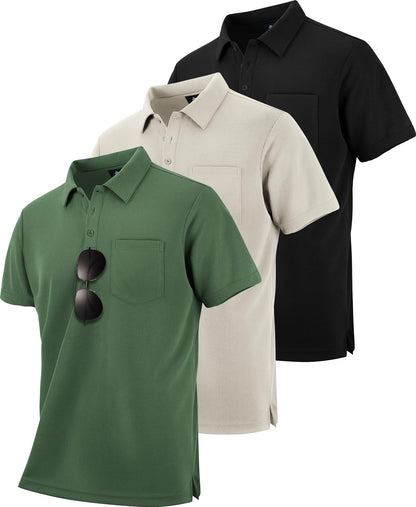 HOTZITY Men's 3 Pack Polo Shirts Short Sleeve with Pocket Moisture Wicking Casual Work Golf Lightweight Collared T-Shirts