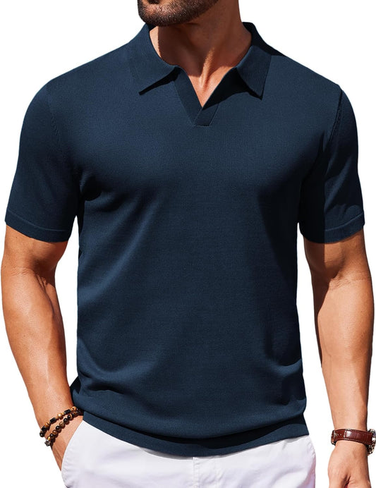 HOTCOOFANDY Men's V Neck Short Sleeve Stretch Knit Polo Shirt