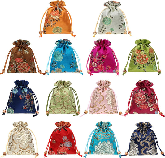 HOTkilofly 14 pc Silk Brocade Jewelry Bag Double Layer Drawstring Coin Gift Pouch