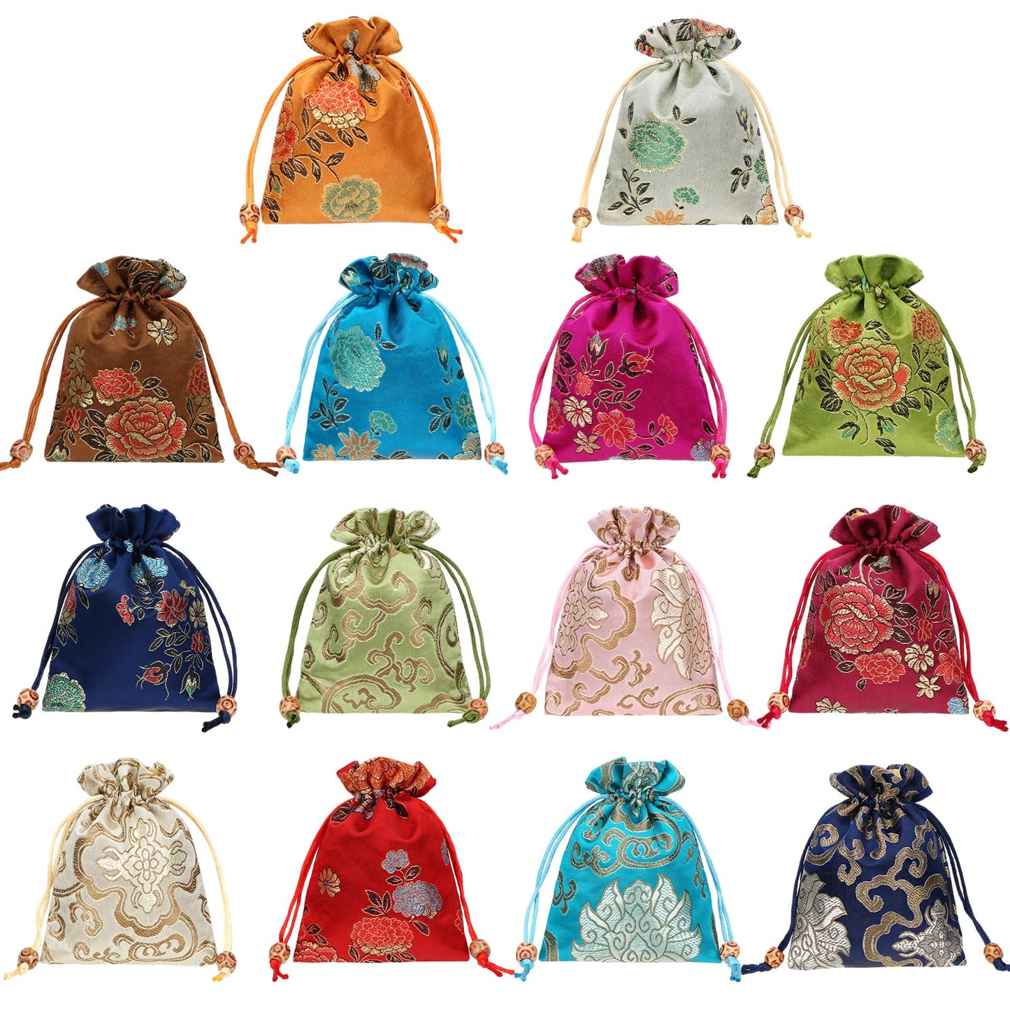 HOTkilofly 14 pc Silk Brocade Jewelry Bag Double Layer Drawstring Coin Gift Pouch