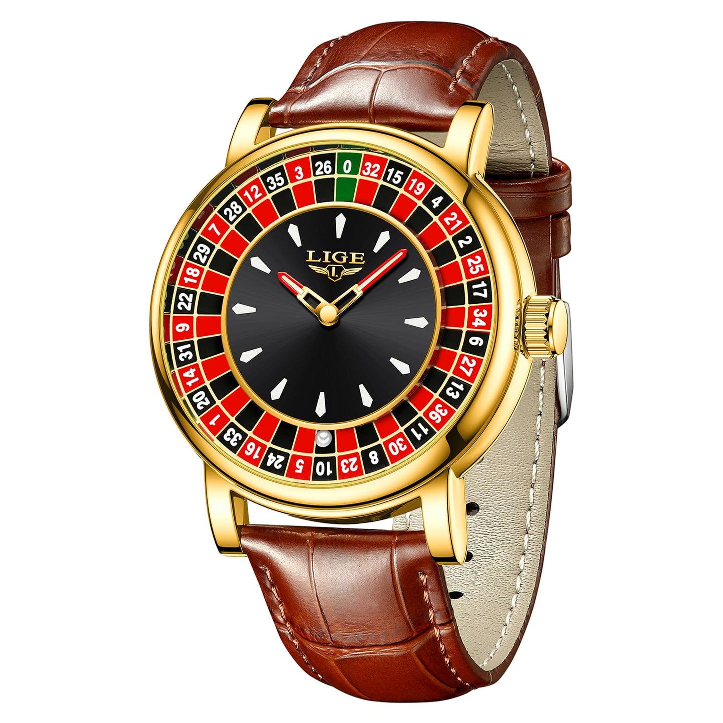 HOTMens Watches,Unique Roulette Style Quartz Analog Watch,45MM Big Face Alloy Waterproof Glowing Watch for Men,Exquisite and Durable Leather Strap,Casual Fashionable Men's Wrist Watches