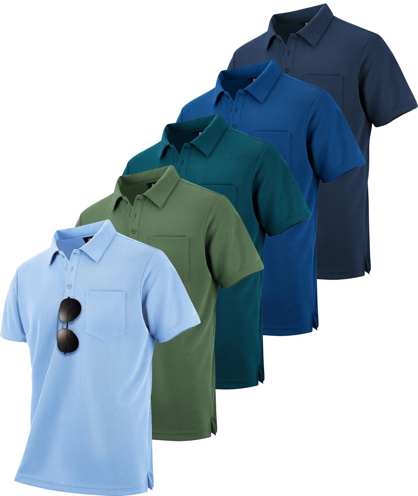 HOTSCODI 5 Pack Mens Pocket Polo Shirts Short Sleeve Multipack Golf Shirt for Men Moisture Wicking Casual Athletic Work T-Shirts