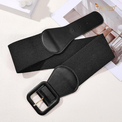 HOTJASGOOD Women Elastic Wide Belt Stretchy Vintage Waist Belt for Dress with Fashion Square Buckle