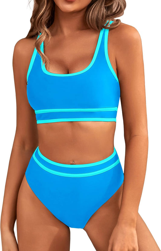 HOTBMJL Women's High Waisted Bikini Sets Sporty Two Piece Swimsuits Color Block Tummy Control Modest Bathing Suit