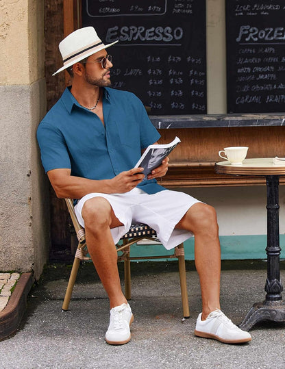 HOTCOOFANDY Men's Button Down Short Sleeve Shirt Casual Cotton Summer Beach Linen Wedding Shirts with Pocket