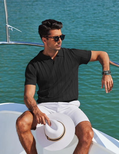 HOTCOOFANDY Mens Polo Shirts Short Sleeve V Neck Knit Shirts for Men Casual Old Money Clothes Mens Golf Shirt
