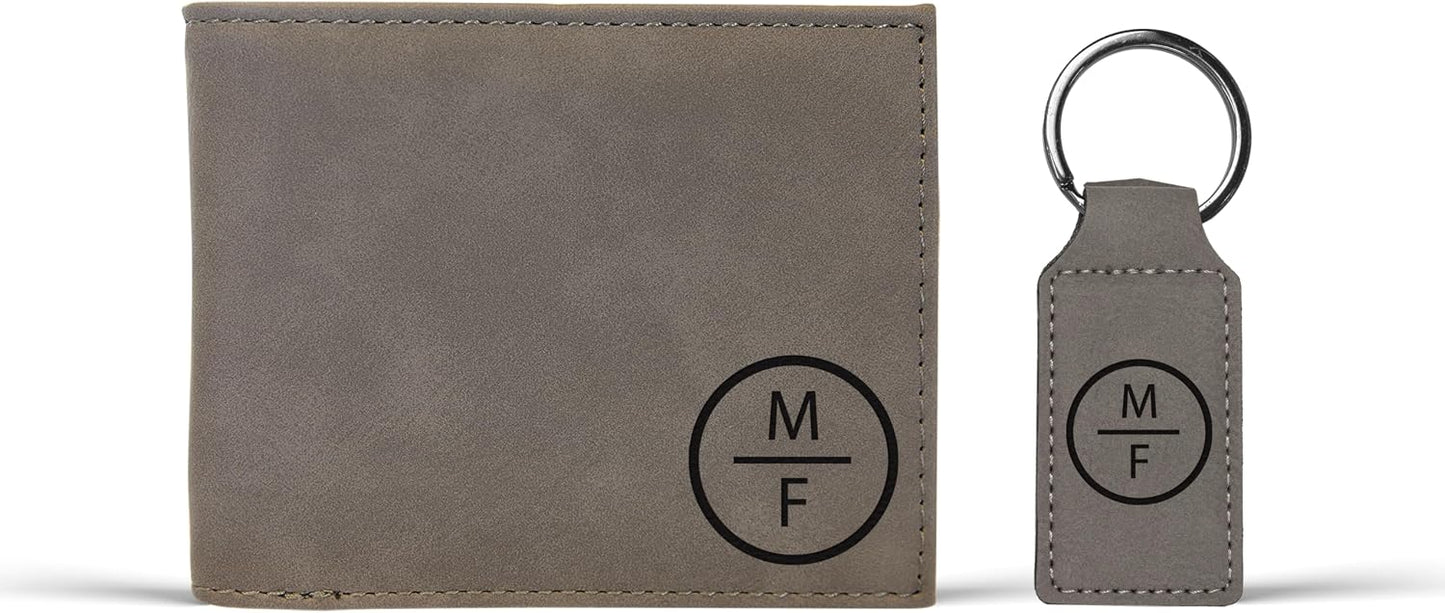 HOTAlterd Industries Wallet Personalized - Custom Engraved Bifold Leather Wallets Minimalist for Men Monogrammed Initals Monogram Gifts for Him (Wallet/Keychain Combo, Stacked Monogram, Gray)