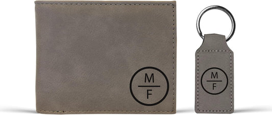HOTAlterd Industries Wallet Personalized - Custom Engraved Bifold Leather Wallets Minimalist for Men Monogrammed Initals Monogram Gifts for Him (Wallet/Keychain Combo, Stacked Monogram, Gray)