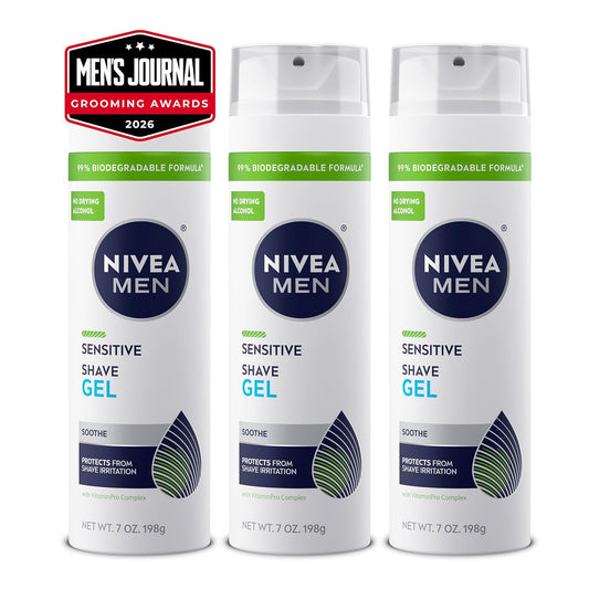 HOTNIVEA MEN Sensitive Shave Gel, Shaving Gel for Men with Sensitive Skin, Enriched with VitaminPro Complex, 7 Oz Can, Pack of 3