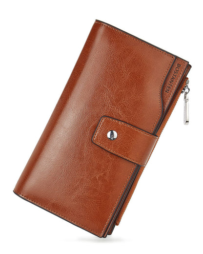 HOTBOSTANTEN Womens Leather Wallet RFID Large Capacity Credit Card Holder | 4 ID Windows, 16 Card Slots, Zipper Coin Pocket, Clutch Wallet, Long Bifold, Ladies Gifts, Brown