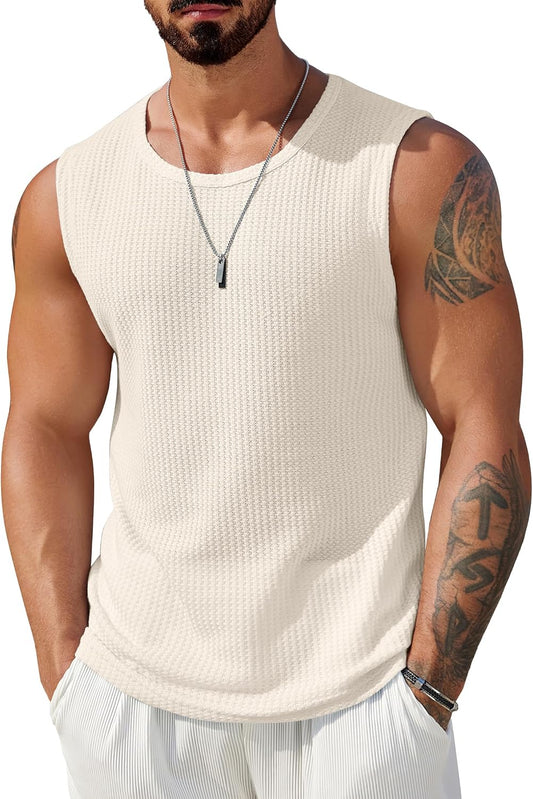 HOTCOOFANDY Mens Casual Tank Tops 2 Pack Waffle Knit Sleeveless Shirt Breathable Tank Shirts Summer Muscle Tee