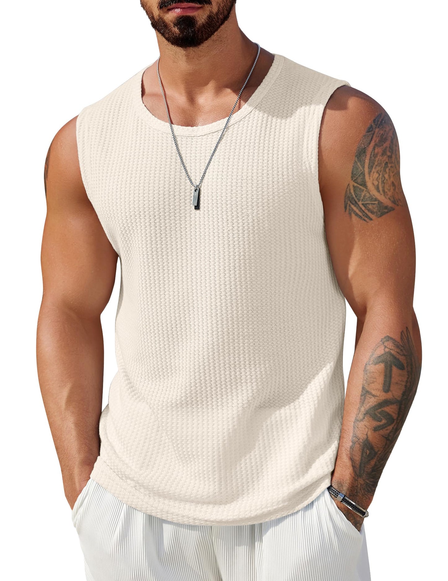 HOTCOOFANDY Mens Casual Tank Tops 2 Pack Waffle Knit Sleeveless Shirt Breathable Tank Shirts Summer Muscle Tee