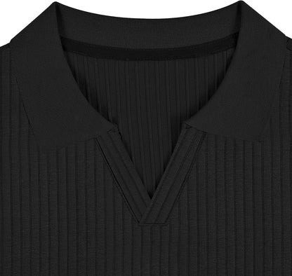 HOTMen's Muscle V Neck Polo Shirts Slim Fit Short Long Sleeve Cotton Golf T-Shirts Ribbed Knit Soft Tees