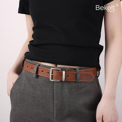 HOTWomen's Full Grain Leather Belt for Jeans Pants Real Genuine Leather Waist Belt with Matte Gold/Silver Buckle