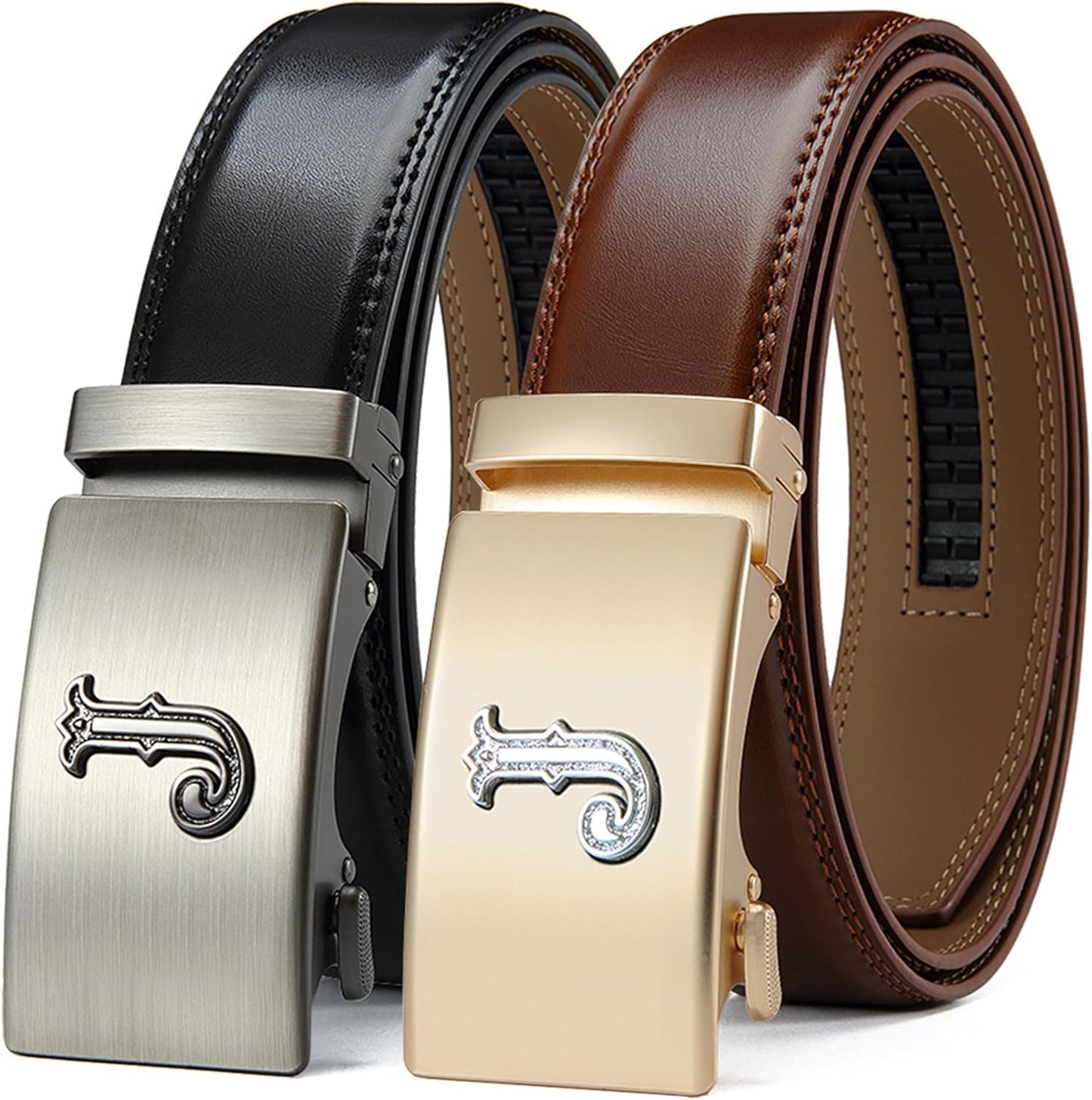 HOTDOOPAI Men's Leather Ratchet Belts 2 Pack Adjustable Click Belt Set for Dress & Casual, Custom Fit 1 3/8" (35mm) -Trim to Fit