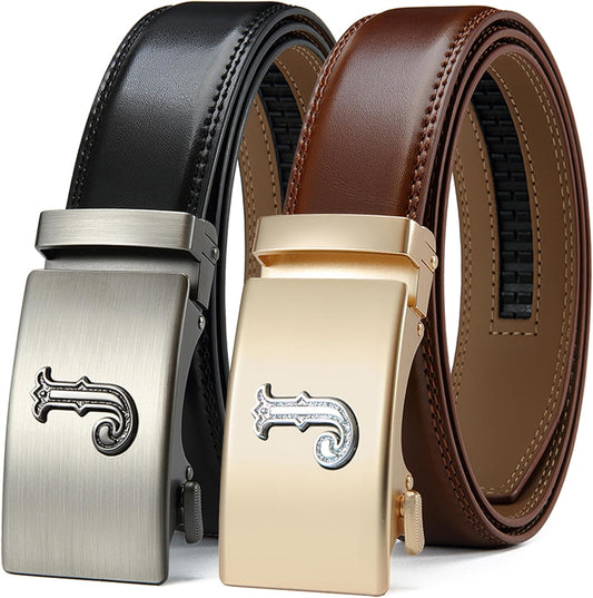 HOTDOOPAI Men's Leather Ratchet Belts 2 Pack Adjustable Click Belt Set for Dress & Casual, Custom Fit 1 3/8" (35mm) -Trim to Fit