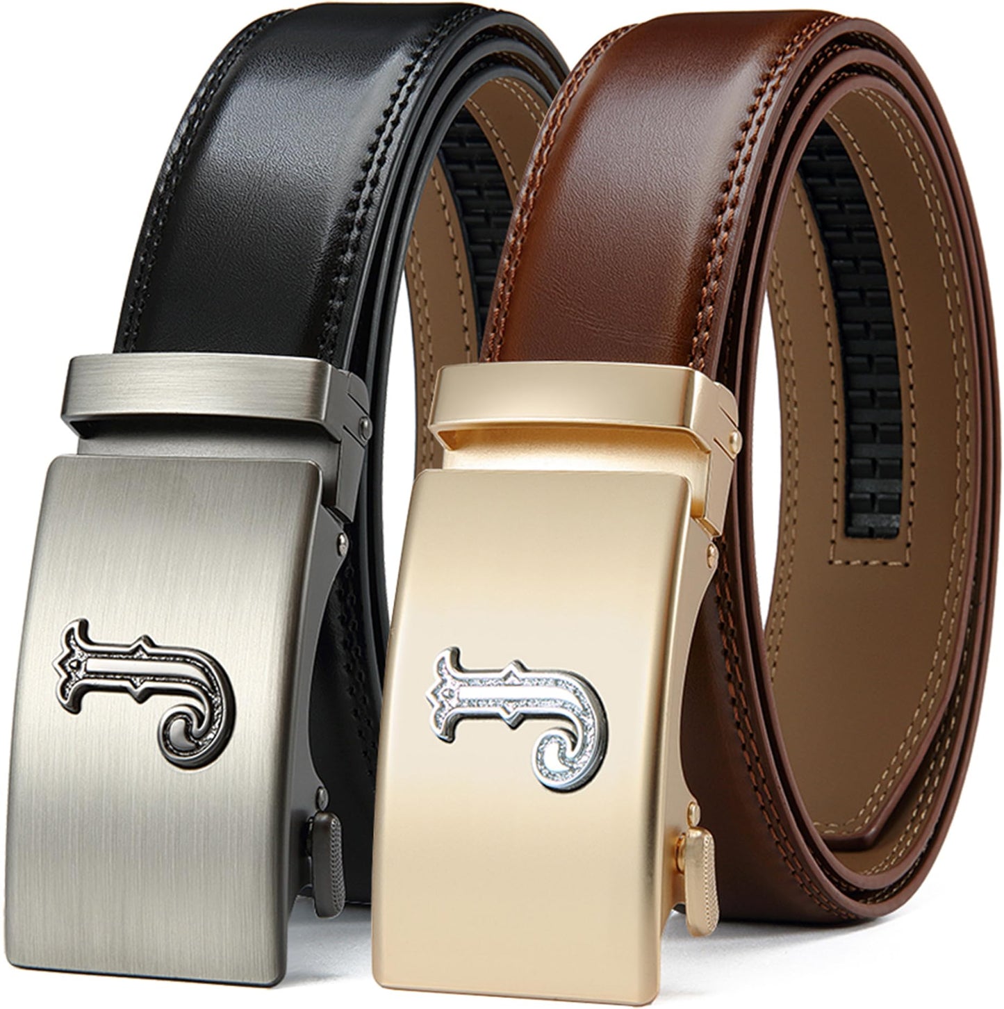 HOTDOOPAI Men's Leather Ratchet Belts 2 Pack Adjustable Click Belt Set for Dress & Casual, Custom Fit 1 3/8" (35mm) -Trim to Fit