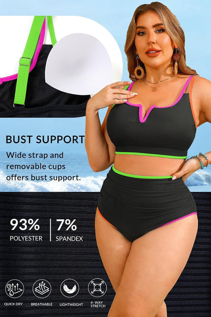 HOTWomen Plus Size High Waisted Bikini Ribbed Two Piece Tummy Control Swimsuit | V-Wired Bathing Suit, Adjustable Straps, Full Coverage, Full Lining